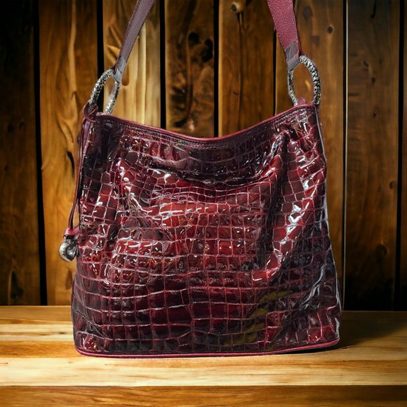 BRIGHTON Red Patent Croc-Embossed Leather Shoulder Bag - Picture 2 of 6